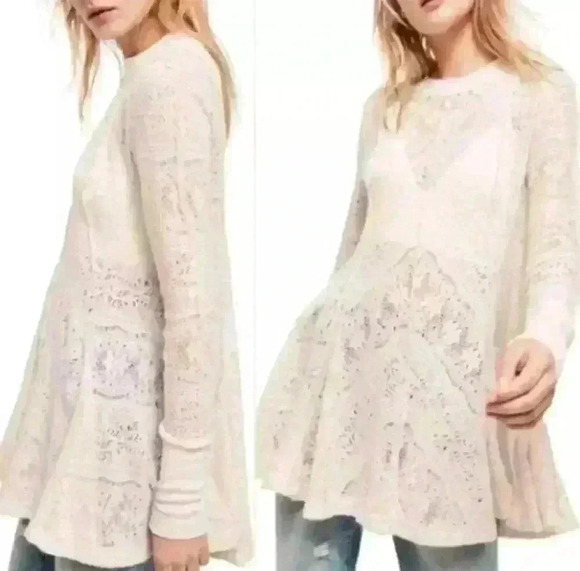 Free People Coffee in The Morning Ivory Lace Floral Tunic Top Size S Long Sleeve - Picture 3 of 12